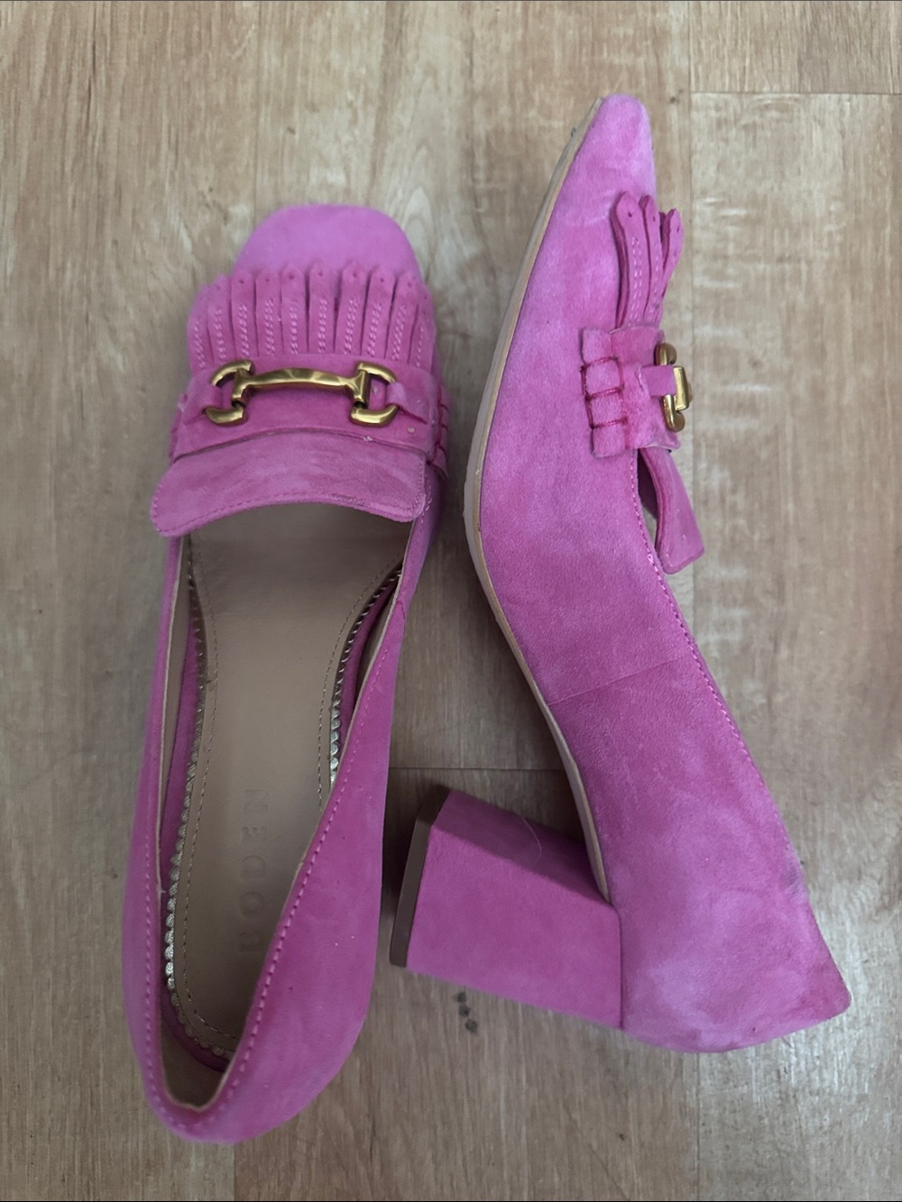 Boden Pink Suede Block Heel Loafers with Gold Bit size 39
